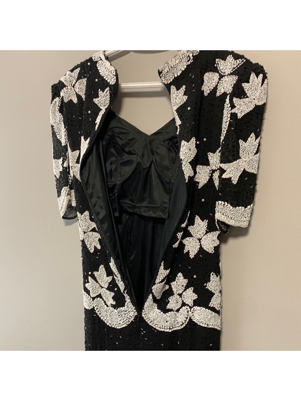 Mezza Luna Vintage Silk Beaded Black White Party Cocktail Evening Dress Size 8 - Picture 7 of 15